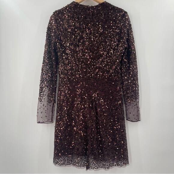 FRENCH CONNECTION Dress Size 4 Emille Sparkle Long Sleeve Sequin Sheath Brown - Picture 4 of 15